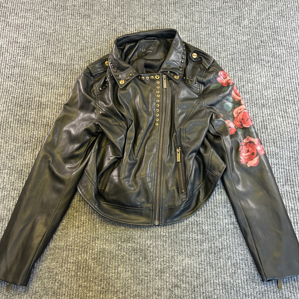 Sanctuary Black Faux Leather Floral Rose Studded Moto Biker Jacket Womens Medium